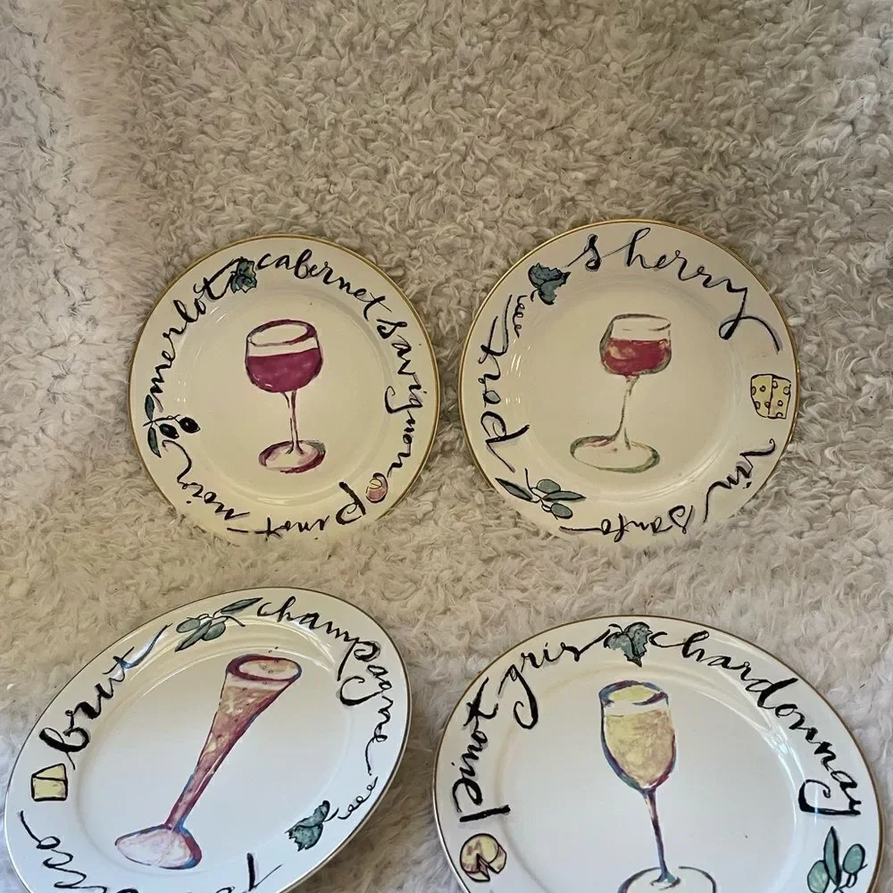 Rosanna Art Set of 4 Brunch, Appetizer ,Wine Cheese Whimsical Hand Drawn plates